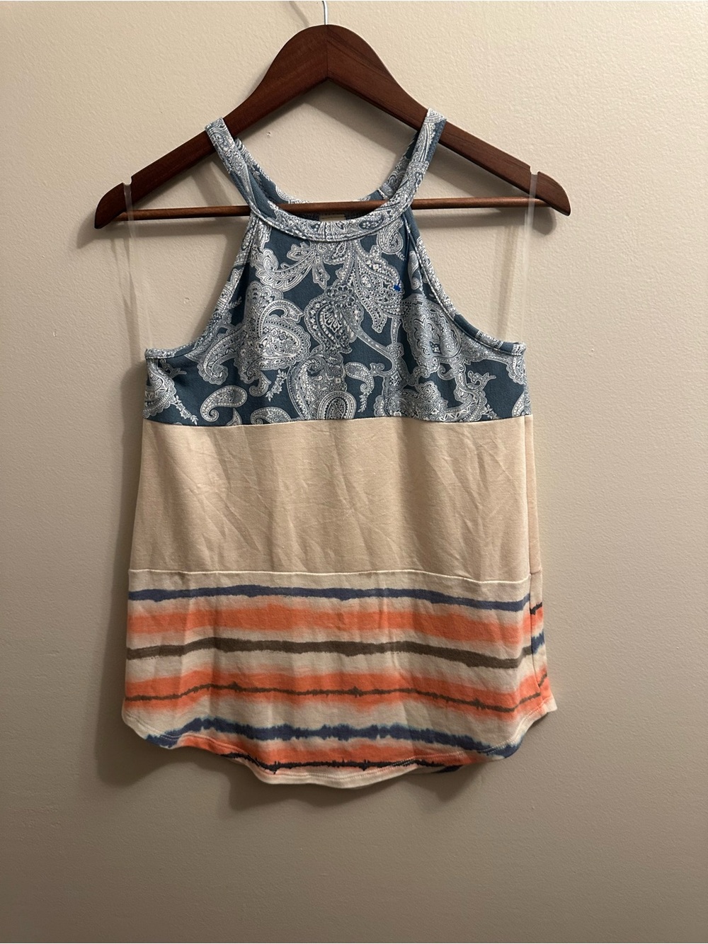 #487 7th Ray Blue Paisley & Cream Tank with Coral and Navy Stripes